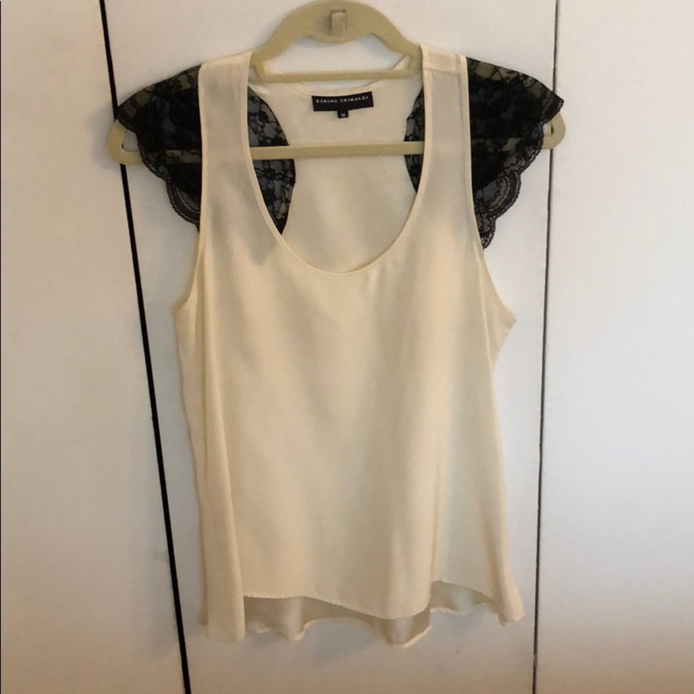 Karina Grimaldi Cream Silk Top w/ Lace Cap Sleeve